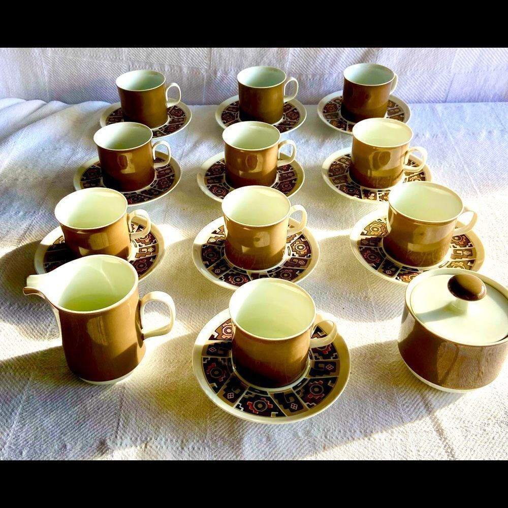 Vtg MCM Sango Japan Aquarius Bric A Brac Pattern 4 Cups & Saucers EVC Used On TV